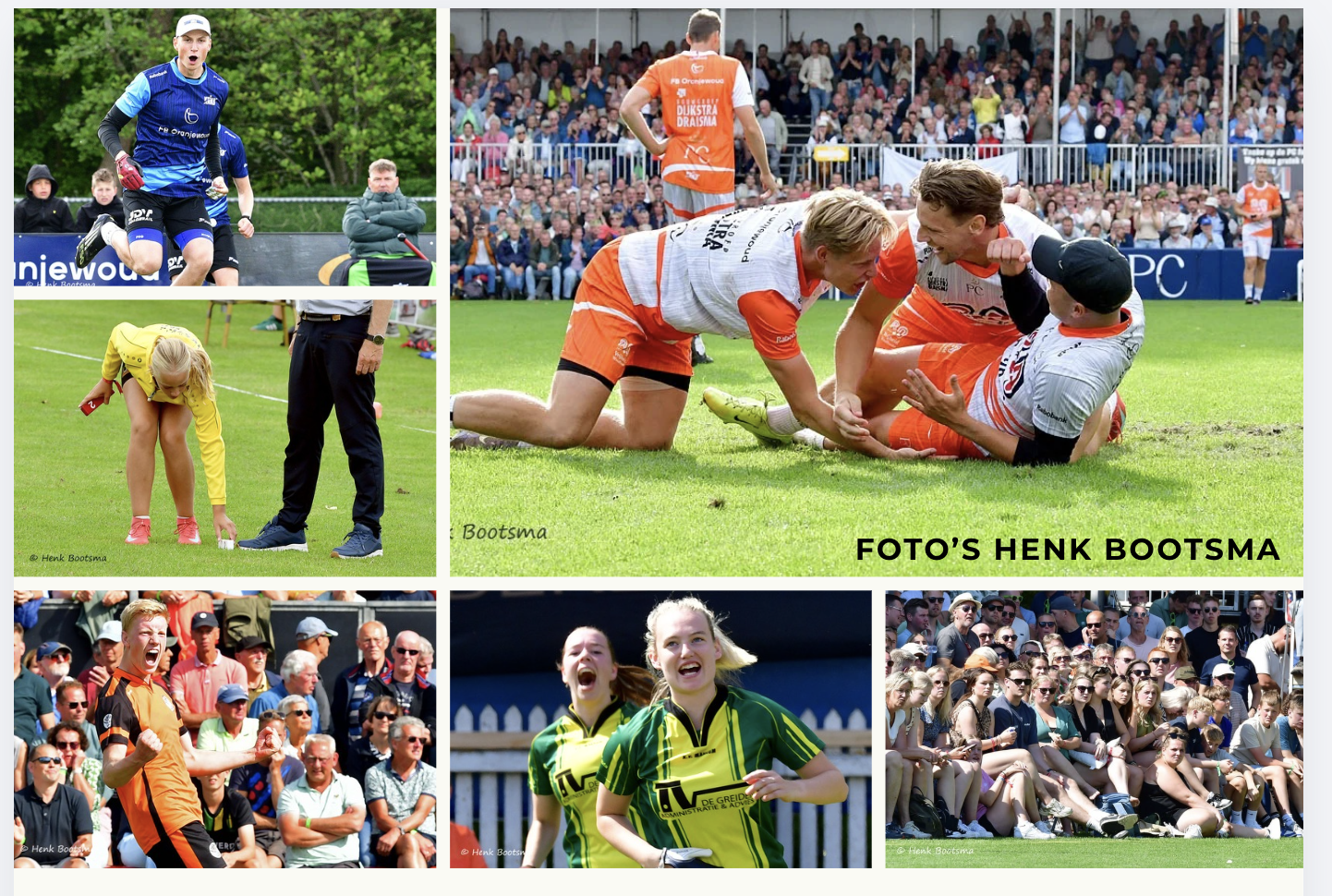 Collage of amateur sports scenes: players on grass, a blue-jersey goalkeeper, a girl in yellow bending to pick up a ball, two orange-clad players celebrating, and a crowded stands.