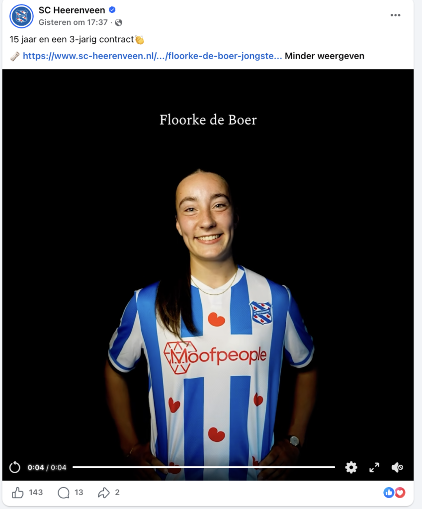 Announcement image: Floorke de Boer in SC Heerenveen jersey, celebrating a 3-year contract (15 years mentioned in post). The jersey features blue-white stripes and sponsor logos.