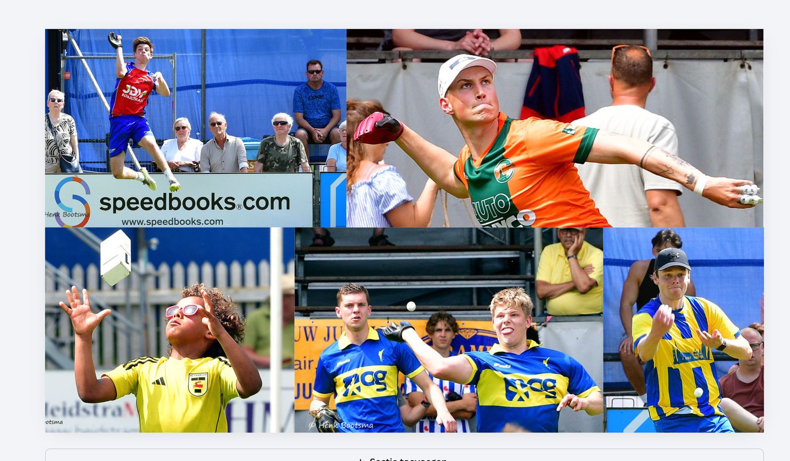 WhatsApp Image 2026-05-24 at 223700 - kaatsnieuws.com Collage of amateur sports scenes: players on grass, a blue-jersey goalkeeper, a girl in yellow bending to pick up a ball, two orange-clad players celebrating, and a crowded stands.