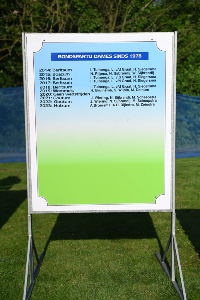 nk-dames-bord-2025 - kaatsnieuws.com Outdoor display board in a park showing a blue-taded title 'BONDSPARTIJ DAMES SINDS 1978' and a long list of years and names on a light blue-to-green gradient background, mounted on a metal frame.